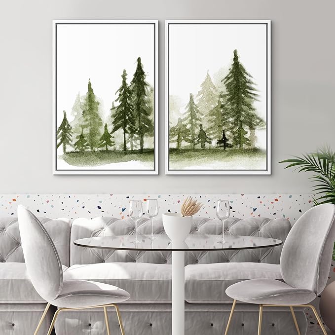 SIGNWIN Framed Wall Art Print Set Watercolor Dark Green Forest Pine Trees Nature Wilderness Illustrations Modern Art Rustic Relax/Calm Multicolor for Living Room, Bedroom, Office - 24"x36"x2 White