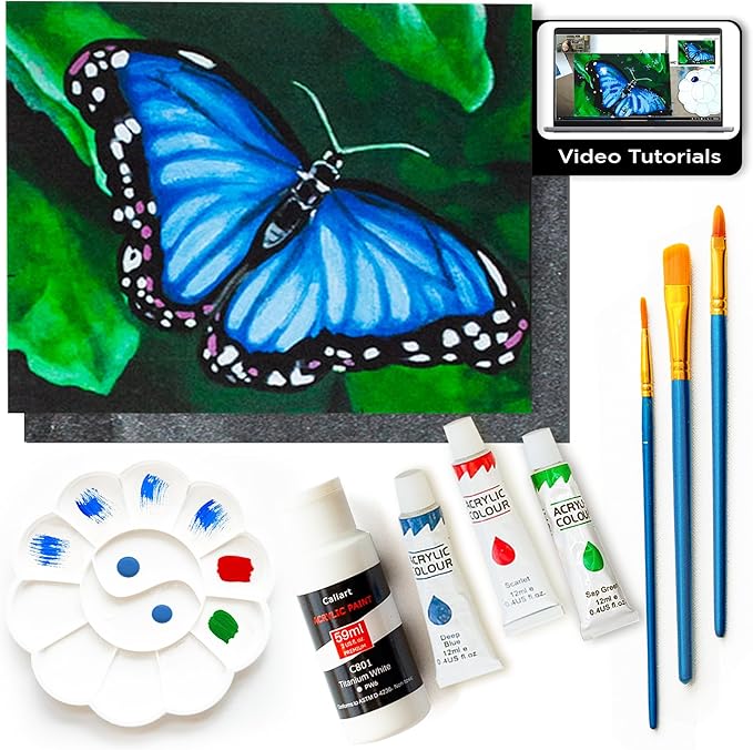 DIY Art Painting Kit for Adults – Learn to Paint Blue Butterfly with Video Tutorials – 9 Pieces Acrylic Paint Set for Kids – Perfect Christmas Gifts for Grandkids, Beginners & Art Lovers