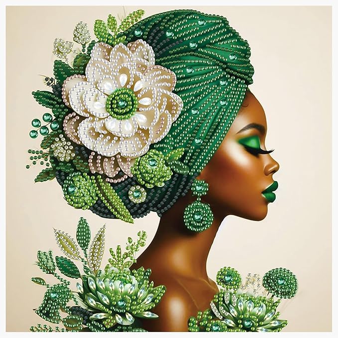 Tontut Diamond Art Painting Kit, Green Hijab Flower Lady 5D DIY Special Shape Mosaic Crafts for Beginners and Adults, can be Gifted to Family and Friends, Great for Decorating Home and Office Walls