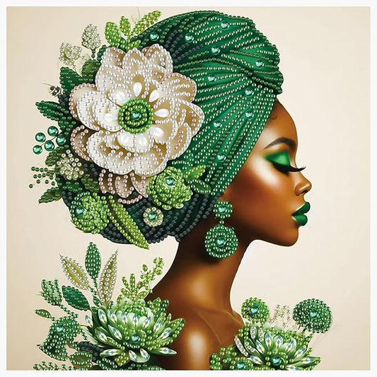 Tontut Diamond Art Painting Kit, Green Hijab Flower Lady 5D DIY Special Shape Mosaic Crafts for Beginners and Adults, can be Gifted to Family and Friends, Great for Decorating Home and Office Walls