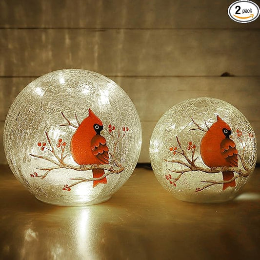 Crackle Glass Cardinal Lamp Battery Operated Globe Lamp for Women Stylish Cardinal Decor Ornaments Red Bird Pattern Stained Glass Mother's Day Gifts 2 Pack (6in & 5 in) (No Timer)