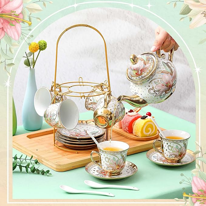 Zhehao 20 Pcs Porcelain Tea Set with Metal Holder and Spoon Adult Ceramic Tea Set European Flower Painting Teapot Cup Saucer Spoon for Women, Large Version(Traditional Style)