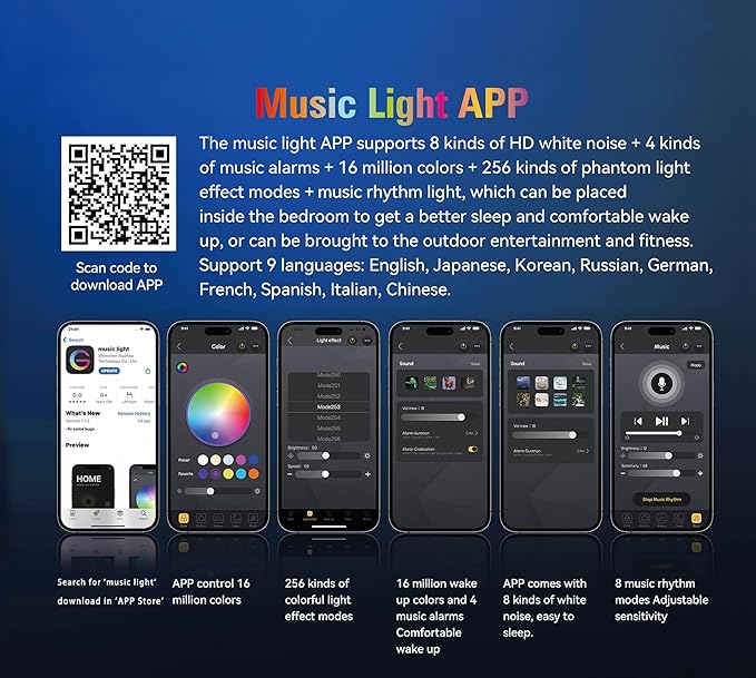 Smart LED Table Lamp, 4-in-1 Wireless Charger, Music Rhythm Ambient Night Light, Alarm Clock, and Bluetooth Speaker with App Control, G-Shaped Lamp for Bedroom, Office and Home Decor (White)