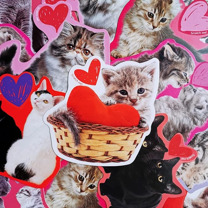 48 Sets Valentine's Day Cards Scratch & Sniff Strawberry Scented Valentine Cards Cat Kitten Pet Love Cards with Envelopes and Heart Stickers Tattoo for Kids Party Favor School Classroom Gift Exchange