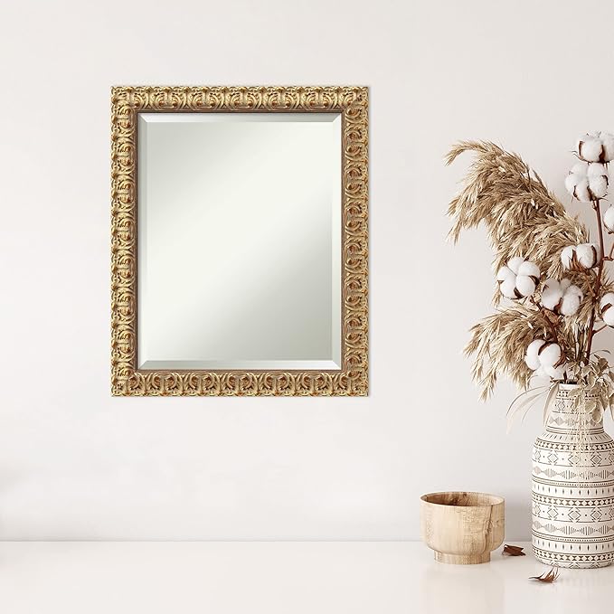 Amanti Art Gold Wall Mirror 23x19 Florentine Gold Rectangle Bathroom Mirror for Wall Decor Living Room, Small Traditional Wood Frame, Hangs Horizonally and Vertically, Bathroom Decor, Beveled Edge