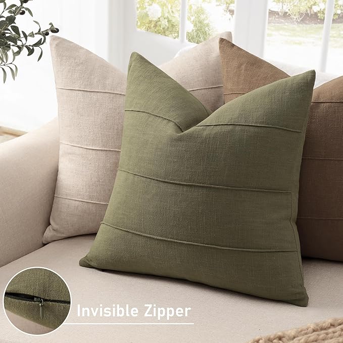 ZWJD Christmas Linen Throw Pillow Covers 24x24 Set of 2 Solid Handcrafted Striped Cushion Covers for Bed Soft Xmas Decorative Pillow Covers for Couch Bedroom Living Room Christmas Decor(Olive Green)