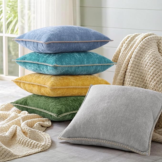decorUhome Spring Chenille Soft Throw Pillow Covers 16x16 Set of 2, Farmhouse Velvet Neutral Decorative Pillow Covers with Stitched Edge for Couch Sofa Bed Home Decor, Forest Elf