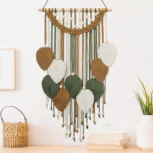 Weldomcor Macrame Wall Hanging Boho Leaf Woven Tapestry, Bohemian Chic Home Decor Modern Handmade Leaves Feather Wall Art Decorations for Bedroom Living Room Apartment Ornament 16.5" W X 31.5" L