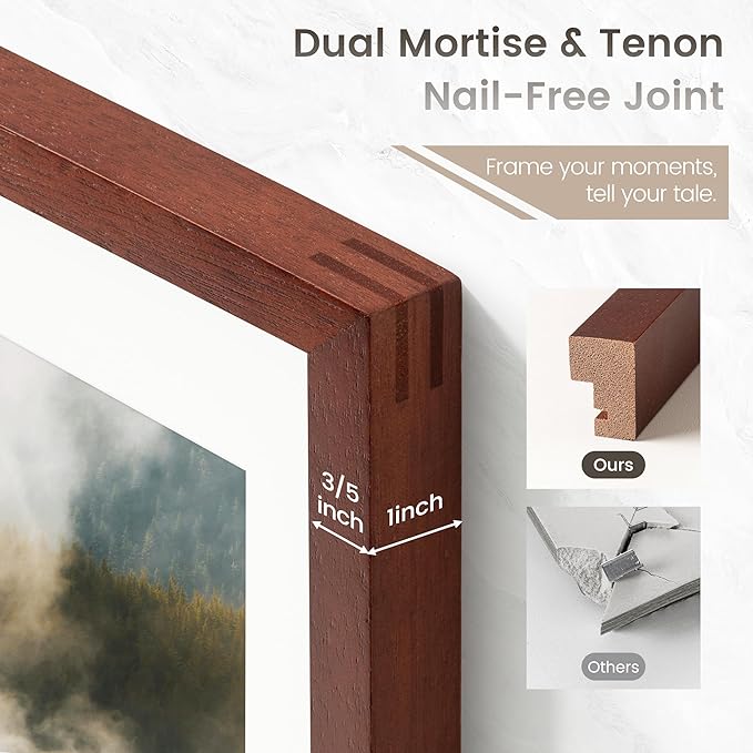 24x30 Poster Frame, USA-Sourced Natural Mahogany Wood Picture Collage Frame with HD Tempered Glass, Modern Simple 24 x 30 Wooden Photo Frame Matted to 18x24, Vertical & Horizontal Wall Hanging Display