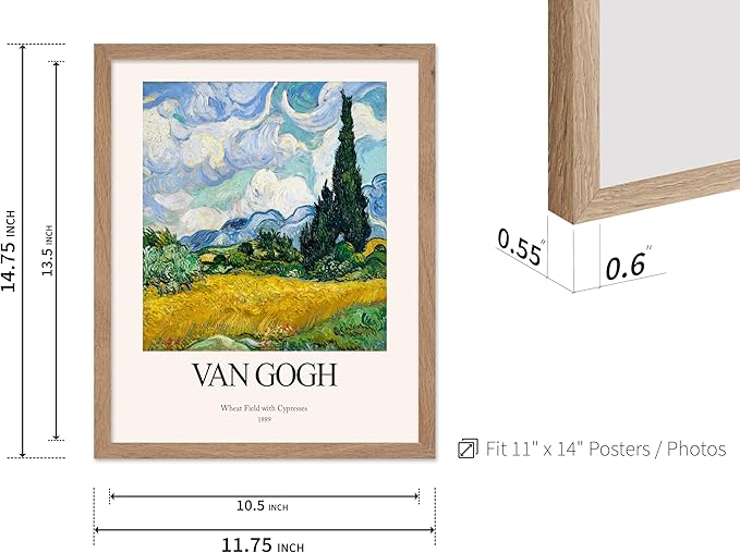 Monem Art Vintage Van Gogh Poster - Retro Impressionist Print - Wheat Field With Cypresses, Trees, Sky, Landscape - Gift for Artist, Friend - Wall Decor for Home, Office, 11x14 Beige Framed