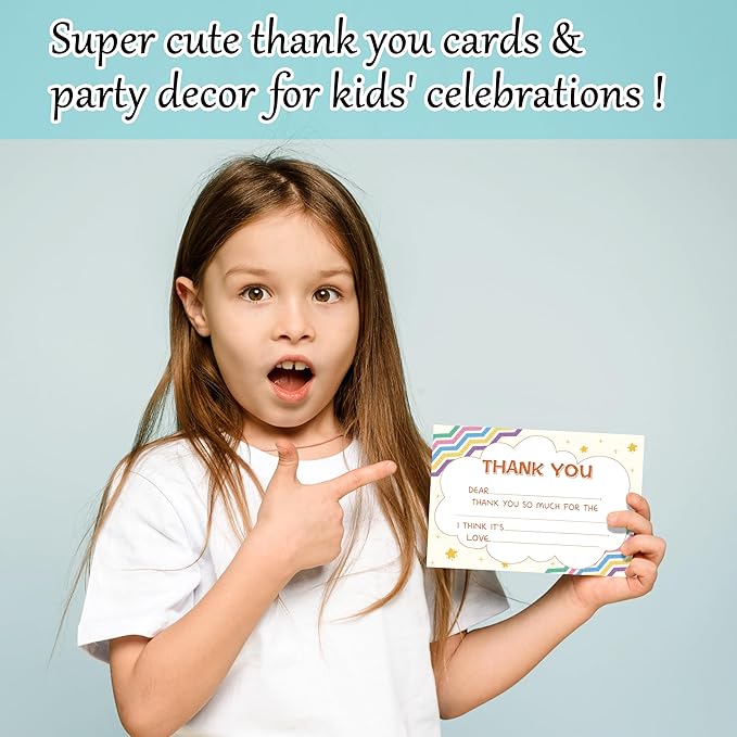 Boho Kids Thank You Cards, Boho Rainbow Thank You Card For Baby Shower Birthday Party, Kids Birthday Cards Fill In The Blank, 20 Pack Cute Greeting Cards With Envelopes For Boys And Girls, 001