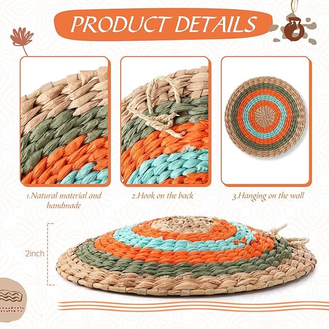 Anglechic 15 Pcs Boho Wall Basket Decor Woven Rattan Seagrass Wall Decor Hanging Rustic Farmhouse Western Art Decoration for Nursery Living Room Bedroom Home Kitchen(Orange Style)