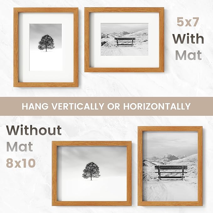 8x10 Picture Frame, USA-Sourced Natural Teak Wood Photo Collage Frame with HD Tempered Glass, Modern Simple 8 x 10 Wooden Frame Matted to 5x7, Gallery Wall Frames for Art, Wall or Tabletop Display