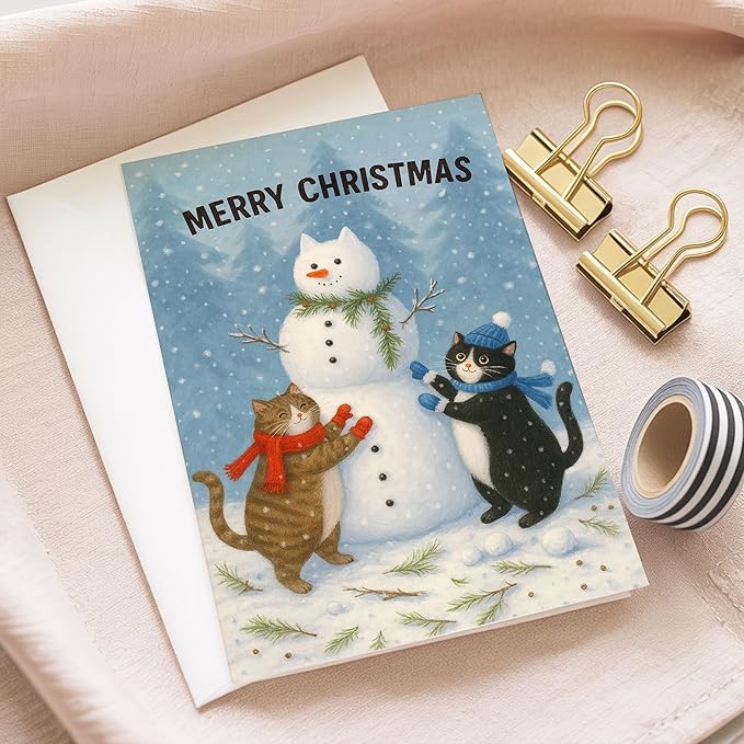(5.3x8in) Merry Christmas Card with Envelope, Cute Cats Building Snowman Illustration, Cozy Winter Holiday Greeting for Friends, Family, Cat Lovers, and Animal Enthusiasts (Xmas 31)