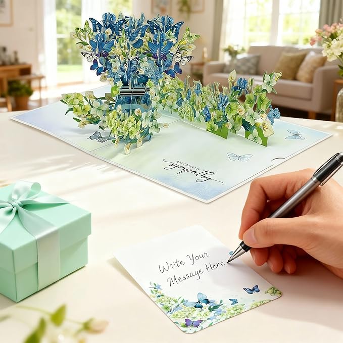 Sympathy 3D Pop-Up Card Hydrangea Flowers and Butterflies, Handmade Paper Condolence Card with Notecard and Envelope, Large Pop Up Greeting Card for Loss of Loved One, Mother, Father, Friend