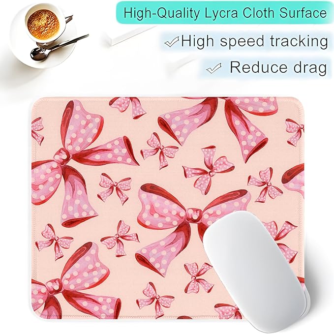 Seorsok Square Aesthetic Oversized Pink Polka Dot Bows Mouse Mat,Premium Textured Mouse Pads for Office Laptop,Washable Square Mousepads with Extended Stitched Edges Non Slip Rubber Base