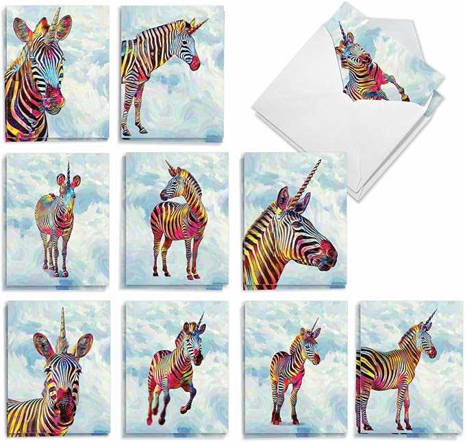The Best Card Company 20 Assorted Blank All Occasions Notecards Box Set 4 x 5.12 Inch with Envelopes (10 Designs, 2 Each) Zebra-corns AM10312OCB-B2x10