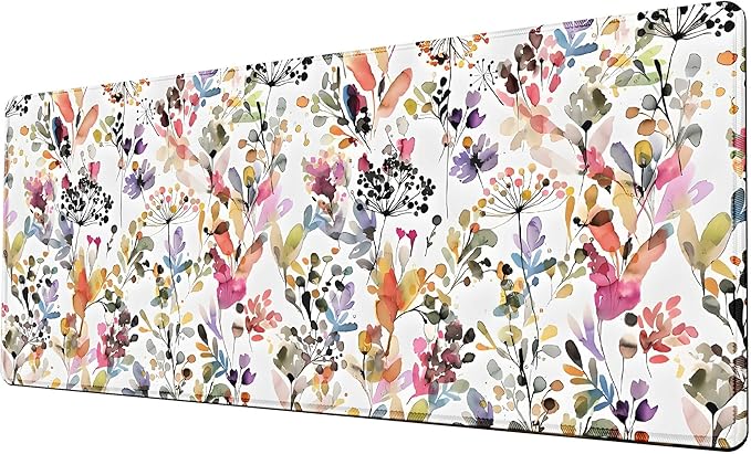 Watercolor Flowers Pink Large Mouse Pad with Stitched Edges, Floral Patterns Big Mousepad for Desk. Premium-Textured Mouse Mat, Non-Slip Rubber Base Mousepad for Laptop, Computer & Pc