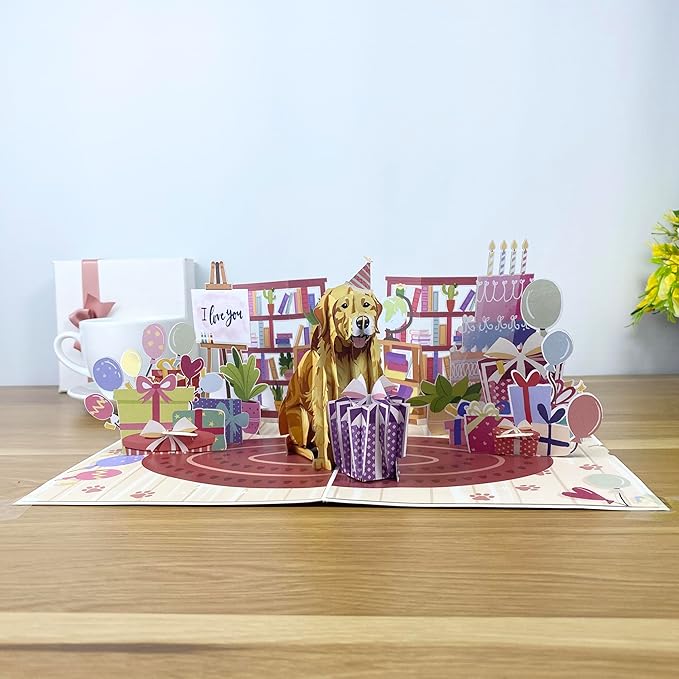 Golden Retriever 3D Pop Up Birthday Card – Cute Dog Card with Envelope, Puppy Gift for Dog Lovers, Women – Funny Pet Lover Birthday Greeting Card