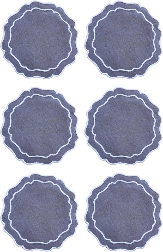 Drink Coasters Set of 6, 6x6 inch, Absorbent Linen Drink Mats with Scalloped Edge, Reusable Handmade Coffee Coasters for Home Decor & Tabletop Protection & Gift Giving (Charcoal)