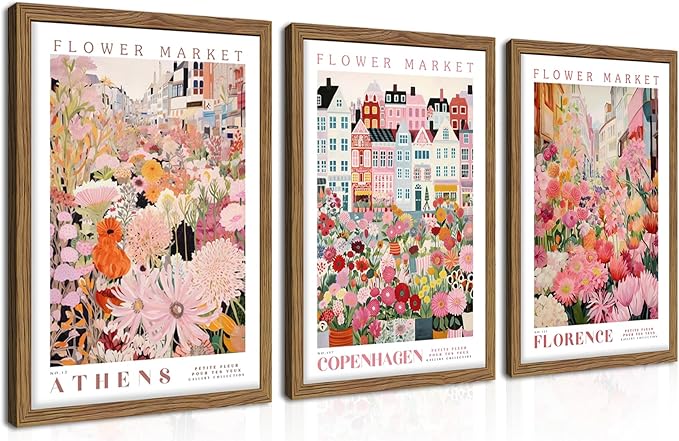 Floral Wall Art Set of 3, Colorful Flower Market Canvas Wall Decor Paintings, Pink Wildflower Botanical Posters Prints Pictures Artwork for Bedroom Living Room 12x16 Inch Wood Framed