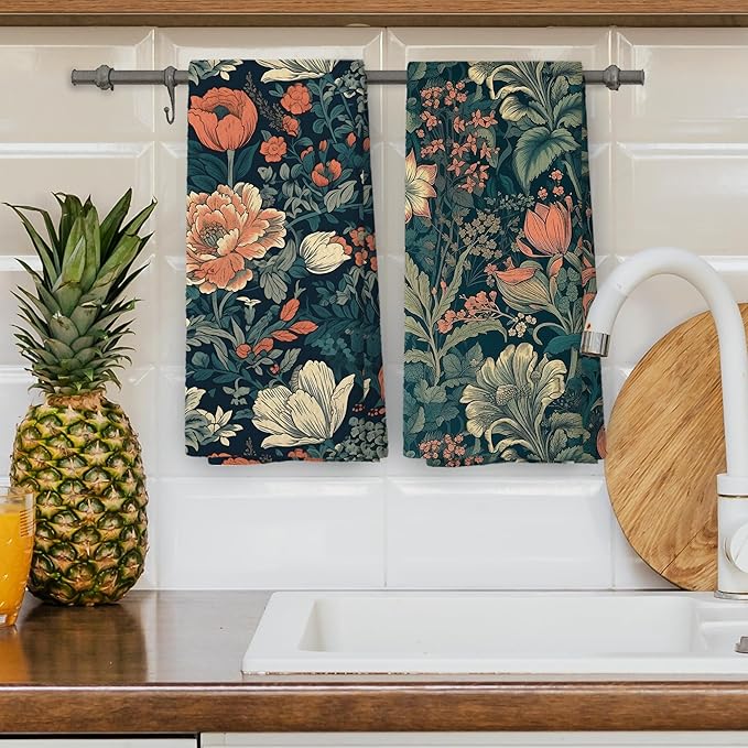 Vintage Cottagecore Floral Kitchen Dish Towels, Retro Rustic Midcentury Modern Wildflower Botanical Hand Towels Kitchen Tea Towels Decorations, Boho Flowers Bathroom Decor, 16x24inch Set of 2