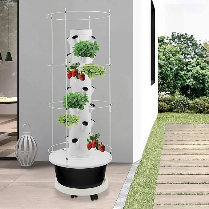 7-Tier 28 Plant Hydroponic Growing Tower, Indoor/Outdoor Vertical Garden System with Climbing Trellis, Garden Hydroponic Growing Kit for Growings Lettuce, Strawberries, Herbs, Vegetables