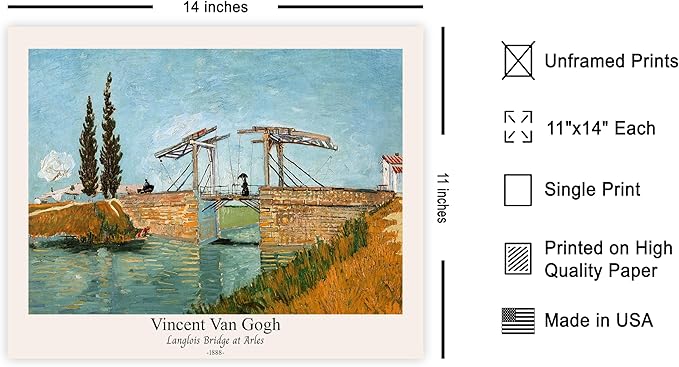 Monem Art Vintage Van Gogh Poster - Retro Langlois Bridge at Arles Print - Impressionism Art - Landscape Art - Fine Art - Classic Painting Art - Bedroom or Office Decor - 11x14 UNFRAMED Wall Art