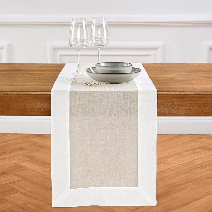 Solino Home Linen Table Runner 108 Inches Long - White and Natural 100% Pure Linen 14 x 108 Inch Table Runner for Dining, Spring, Winter - Contempo