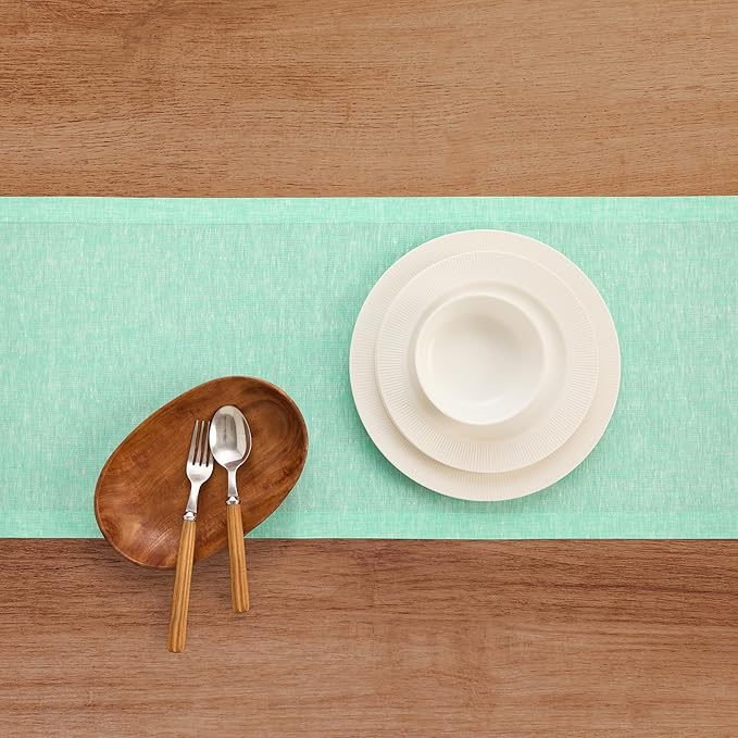 Solino Home Linen Table Runner 108 Inches Long - Athena, 100% Pure Linen Chambray Aqua Dining Table Runner 14 x 108 Inch for Winter, Spring, Easter