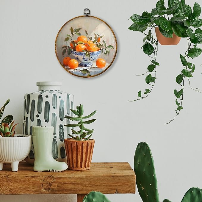 Hiuwevt Chinoiserie Orange Round Wall Art Decor, Retro Still Life Framed Canvas Prints, Blue and White Porcelain Citrus Fruit Round Wall Hanging Decor for Bedroom Home Decorations, 10x10 Inches