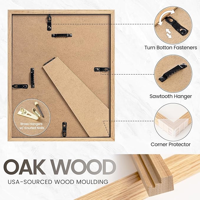 6x8 Picture Frame, USA-Sourced Natural Oak Wood Photo Collage Frame with HD Tempered Glass, Modern Simple 6 x 8 Wooden Frame Matted to 5x7, Gallery Wall Frames for Art, Wall or Tabletop Display