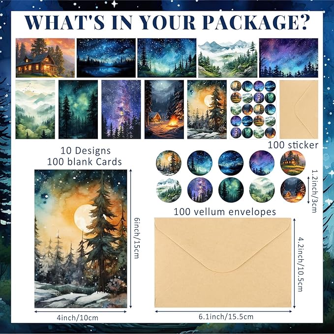 100 Pcs Whimsical Watercolor Illustration Starry Night Sky Blank Greeting Cards 4x6, Blank Cards, 10 Designs Stationary Set for All Occasions with Matching Rustic Envelopes and Stickers