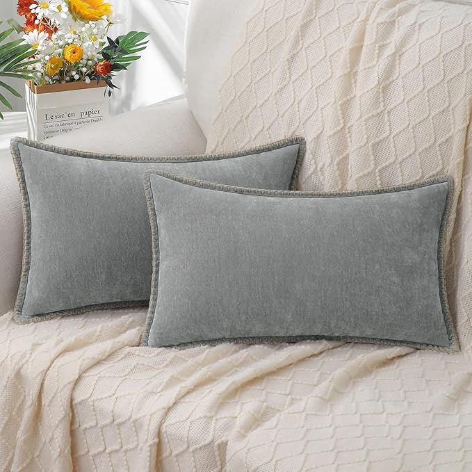 decorUhome Spring Chenille Soft Throw Pillow Covers 12x20 Set of 2, Lumbar Velvet Farmhouse Neutral Decorative Pillow Covers with Stitched Edge for Couch Sofa Bed Home Decor, Neutral Gray