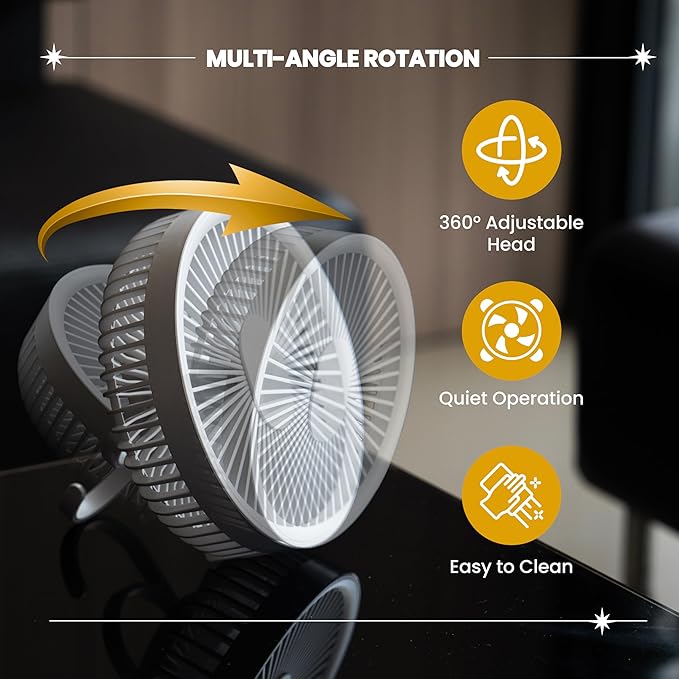 Brynnberg Portable Indoor Fan – Rechargeable Table Fan for Home, Office & Bedroom – Quiet Air Circulation Desk Fan with Adjustable Angle, Hanging Hook & Long Battery Life – Compact White 8.6 x 3.9in