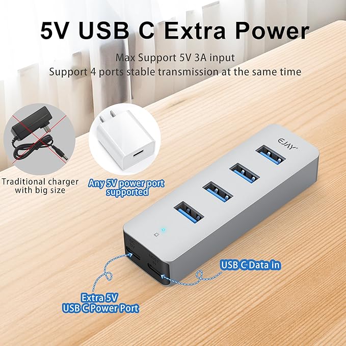 4Ports USB3.0 HUB,Extra Power Supply Port,3.3FT(1M) Long Data Cable and 3.3FT(1M) Long Power Cable,Aluminum 5Gbps High Speed USB Splitter,Multi Port Extender Hub for PC, Laptop, Mac,etc (HA-4U)