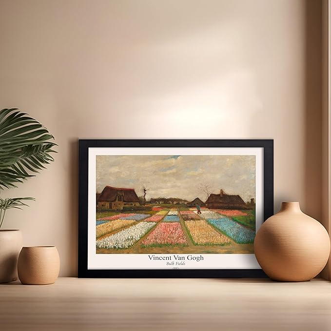 Monem Art Vintage Van Gogh Poster - Retro Bulb Fields Print - Flower Beds in Holland Art - Impressionism Art - Fine Art - Classic Painting Art - Great Bedroom Wall Decor - 16x20 Black Framed