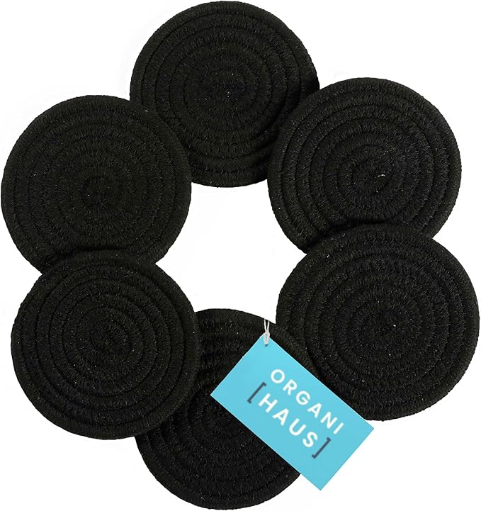 OrganiHaus Drink Coasters Set of 6, Absorbent Cotton Woven Cup Coasters, Rustic Farmhouse Boho Decor for Coffee Table and Drinks Protection, Cute Coaster for Drinks, Coaster for Office Desk - Black