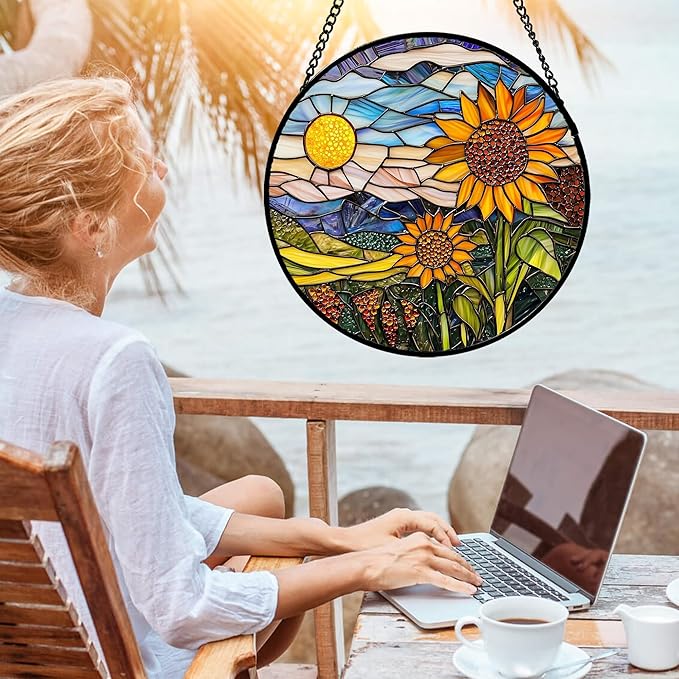 Stained Glass Suncatcher, Sunflower Flowers Landscape Sun Catcher Plant Mountains Stain Glass Window Hanging Decoration Mother's Day Birthday Gifts for Women Men Mom Nana 11.8 in