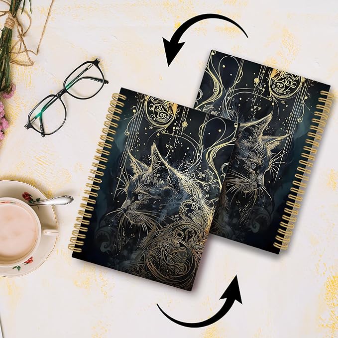 Cat Journal Notebook - Mystical Golden Kitty Aesthetic Notebooks College Ruled for Work School, Cats Mom Lady Gifts for Lovers Women, Cat Office Supplies, Hardcover Spiral Notebook 5.5"x8.3"