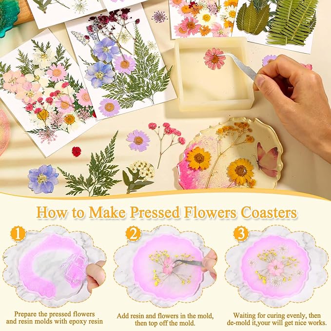 124 Pcs Dried Pressed Flowers for Resin Crafts, Real Pressed Wildflowers Natural Dry Leaves Bulk with Tweezer for Epoxy Resin Jewelry Molds, Candle Soap Making, Scrapbook, Bookmark, Nails Decor