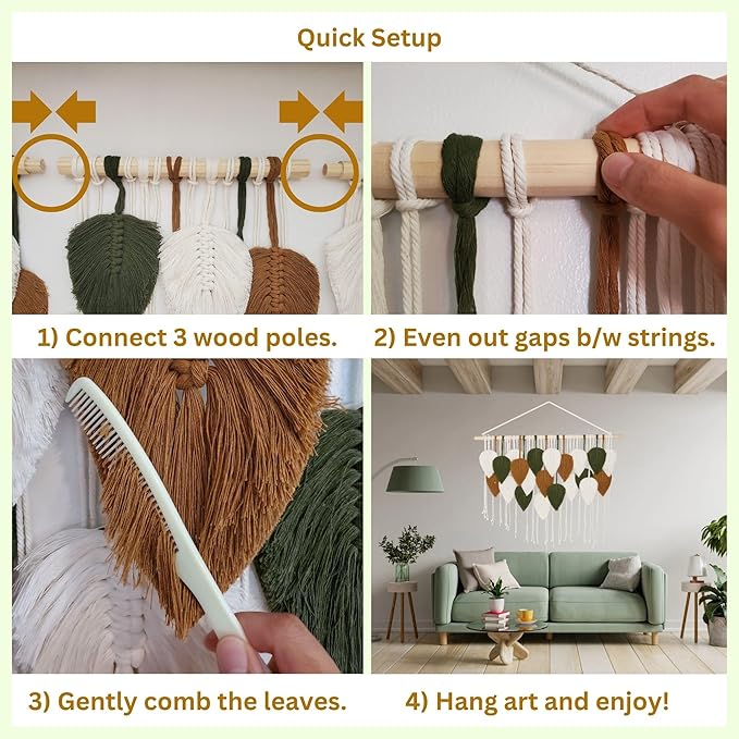 Large Macrame Wall Hanging Feather Decor – Handmade Cotton Cord Boho Room Decor for Bedroom, Nursery, Office – 39” W x 29.5” L (Green, Brown, White)