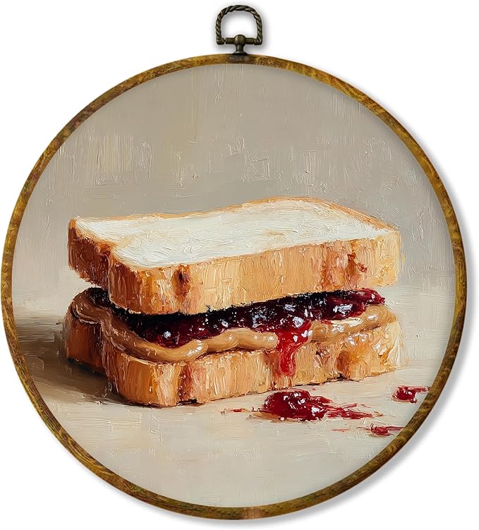 Hiuwevt Vintage Bread Rustic Kitchen Round Wall Art Decor, Country Framed Canvas Prints, Neutral French Bread Still Life Round Wall Hanging Decor for Kitchen Dining Room Decorations, 10x10 Inches