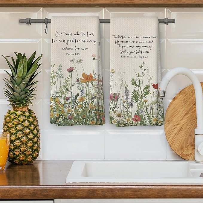 Vintage Floral Christian Kitchen Dish Towels, Christian Gifts for Women, Retro Wildflower Bible Religious Scripture Hand Towels Kitchen Tea Towels Decorations, 16x24inch Set of 2