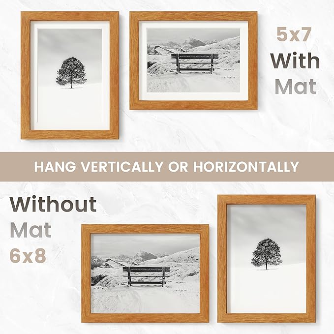 6x8 Picture Frame, USA-Sourced Natural Teak Wood Photo Collage Frame with HD Tempered Glass, Modern Simple 6 x 8 Wooden Frame Matted to 5x7, Gallery Wall Frames for Art, Wall or Tabletop Display