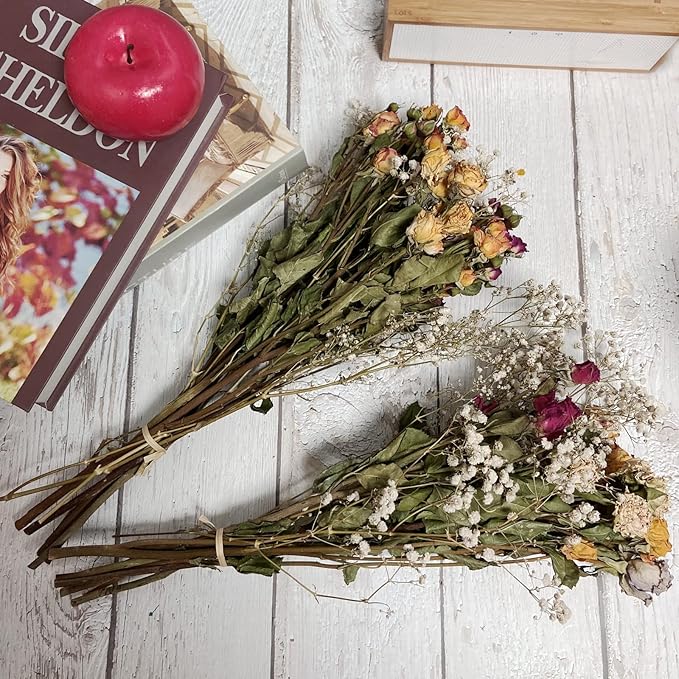 L'BREVOGA Dried Flowers with Stem, 16 inches Dried Spray Rose with Baby's Breath for Floral Arrangments Home Decoration (Rose)