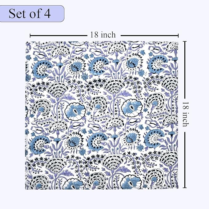 CPC Cloth Napkins 100% Cotton Set of 4 Reusable Napkins, Indian Block Print Toile Floral Dinner Napkin, Fall Thanksgiving Christmas Holiday Party Gift - Soft Absorbent Napkin, 18"x18" Indigo Blue