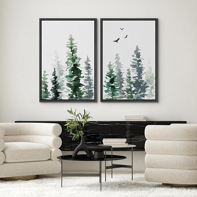 SIGNWIN Framed Wall Art Print Set Watercolor Green & Gray Forest and Birds Nature Wilderness Illustrations Modern Art Rustic Relax/Calm Multicolor for Living Room, Bedroom, Office - 16"x24"x2 Black