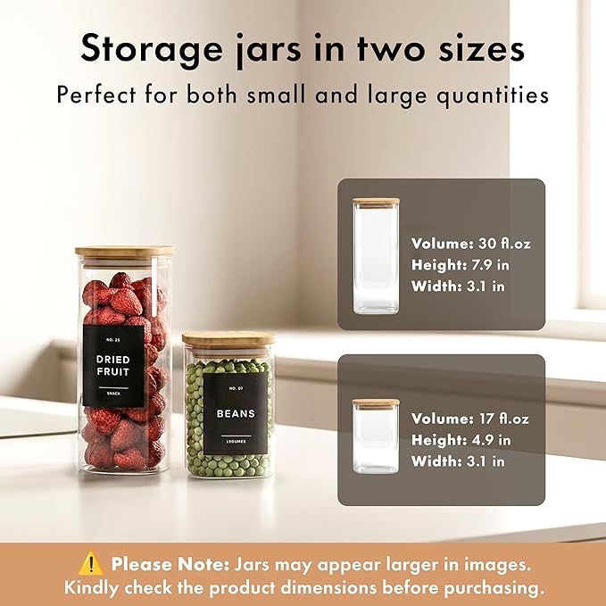 Square Glass Storage Containers with Bamboo Lids 12-Pack (4x 33.8 oz, 8x 20.2 oz) Airtight Storage Jars with Lids for Food, Stackable Glass Kitchen Canisters with (Black Label)