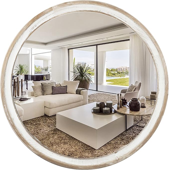 24 Inches Round Wooden Farmhouse Wall Mirror, Decorative Circle Mirrors for Bathroom, Entryway, Living Room, Bedroom - Housewarming Gift